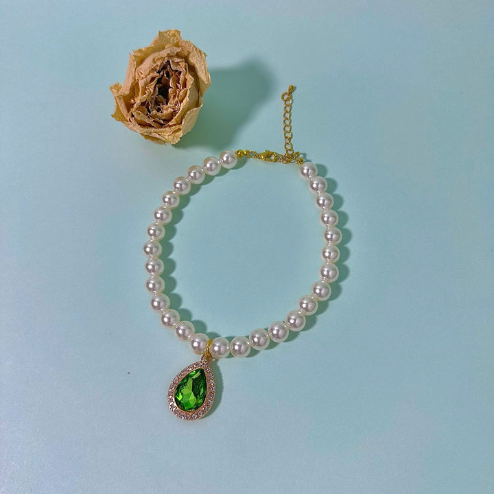 Olivenorma Natural Crystal Cute Kitten Elegant Pearl Pet Collar - Green Zircon - L(30+5cm) - image 4
