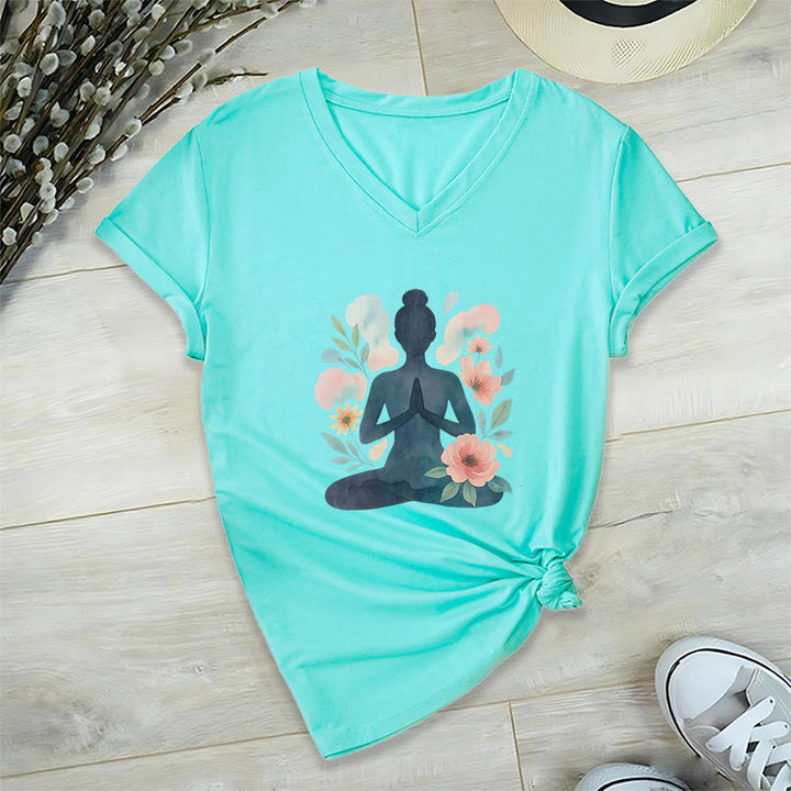 Olivenorma Inner Strength V-Neck Yoga Meditation T-Shirt - Lake Blue - 2XL - image 13