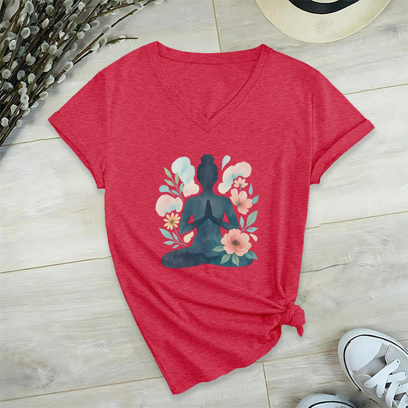 Olivenorma Inner Strength V-Neck Yoga Meditation T-Shirt - Red - 2XL - image 21