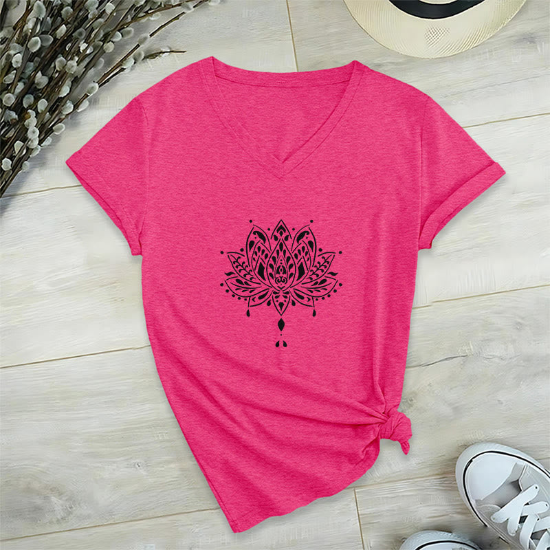 Olivenorma Mandala Energy Harmony V-Neck Cotton Yoga Meditation T-Shirt - Rose Red - 2XL - image 25