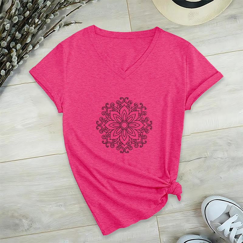 Olivenorma Mandala Inner Strength V-Neck Cotton Yoga Meditation T-Shirt - Rose Red - 2XL - image 25