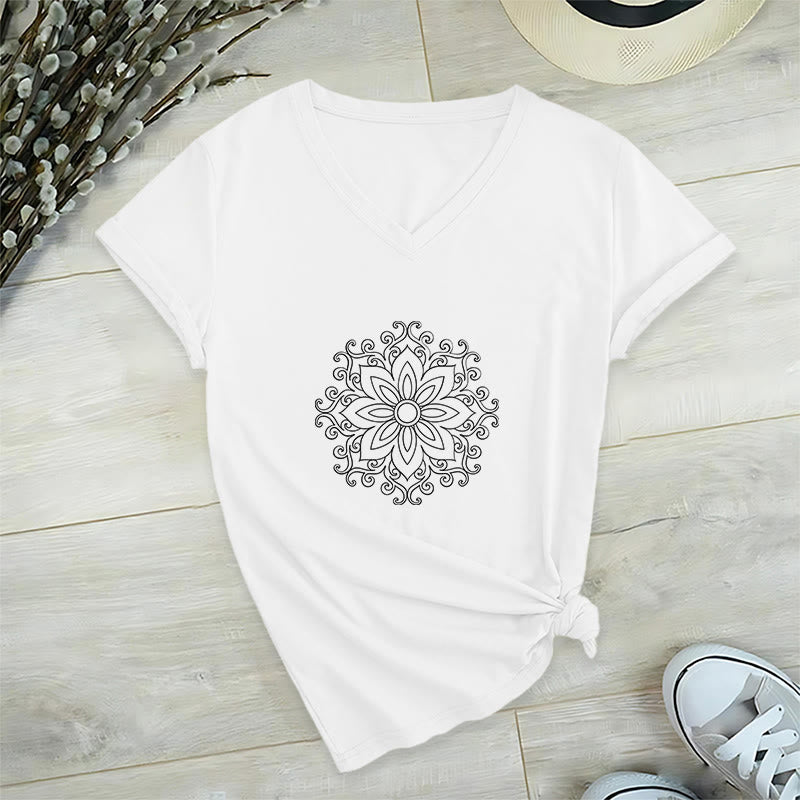 Olivenorma Mandala Inner Strength V-Neck Yoga Meditation T-Shirt - White - 2XL - image 3