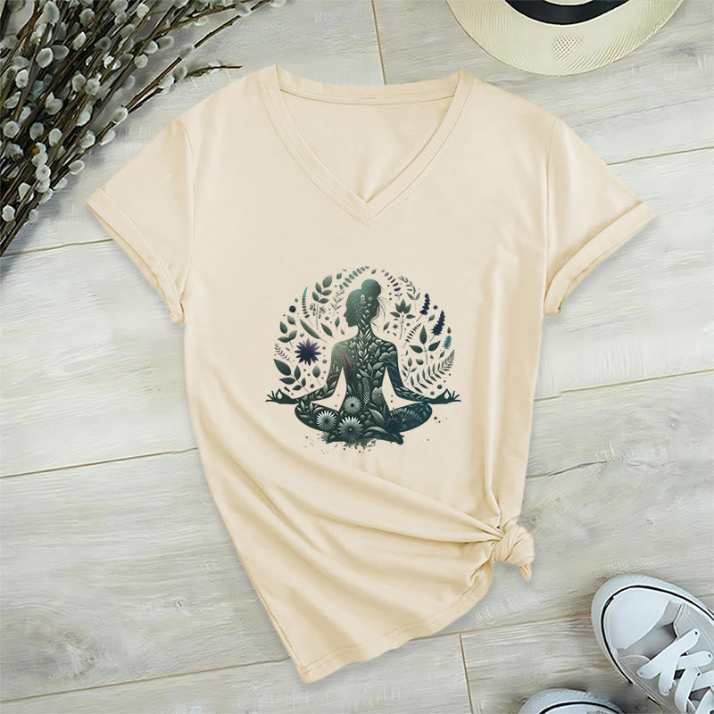 Olivenorma Nature-Infused Mindful Power V-Neck Yoga Meditation T-Shirt - Khaki - 2XL - image 15