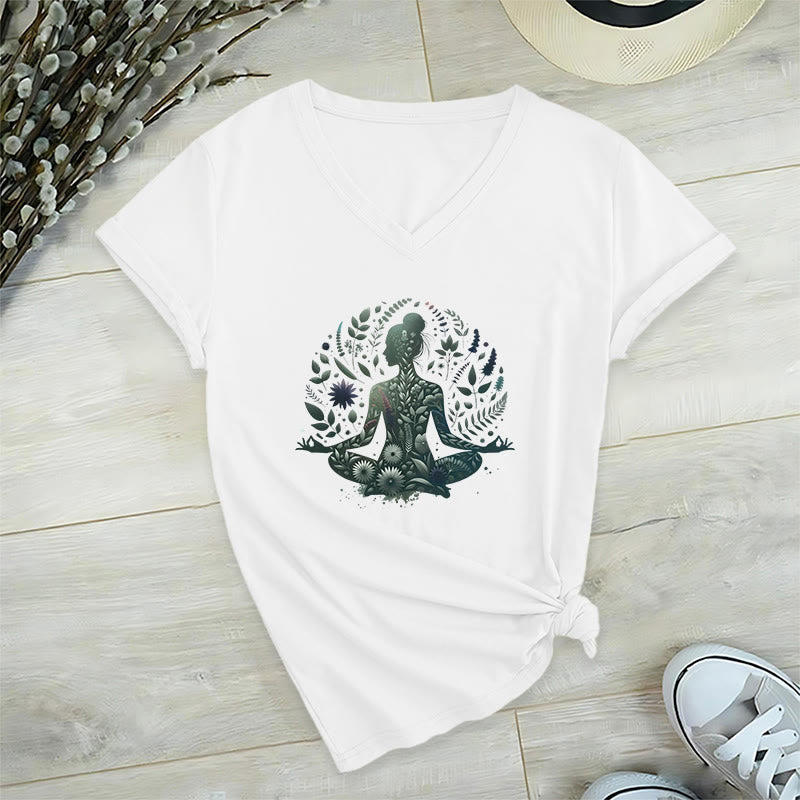 Olivenorma Nature-Infused Mindful Power V-Neck Yoga Meditation T-Shirt - White - 2XL - image 0