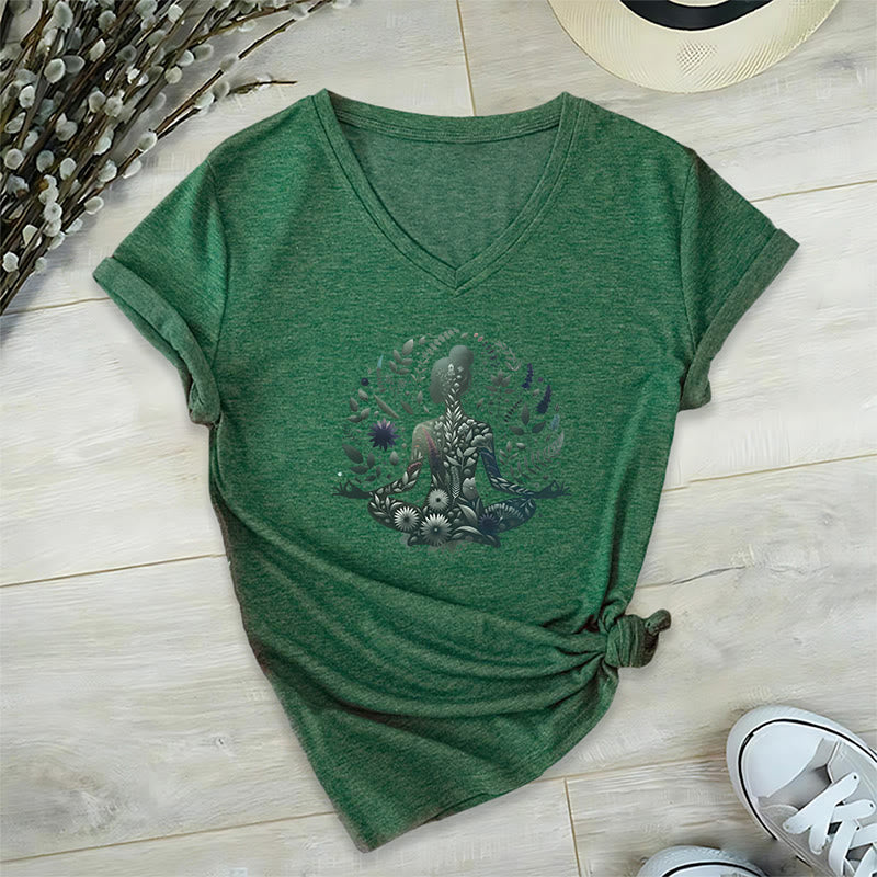 Olivenorma Nature-Infused Mindful Power V-Neck Yoga Meditation T-Shirt - Dark Green - 2XL - image 17