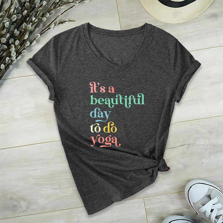 Olivenorma"it's a beautiful day to do yoga" V-Neck T-Shirt - Gray - 2XL - image 0