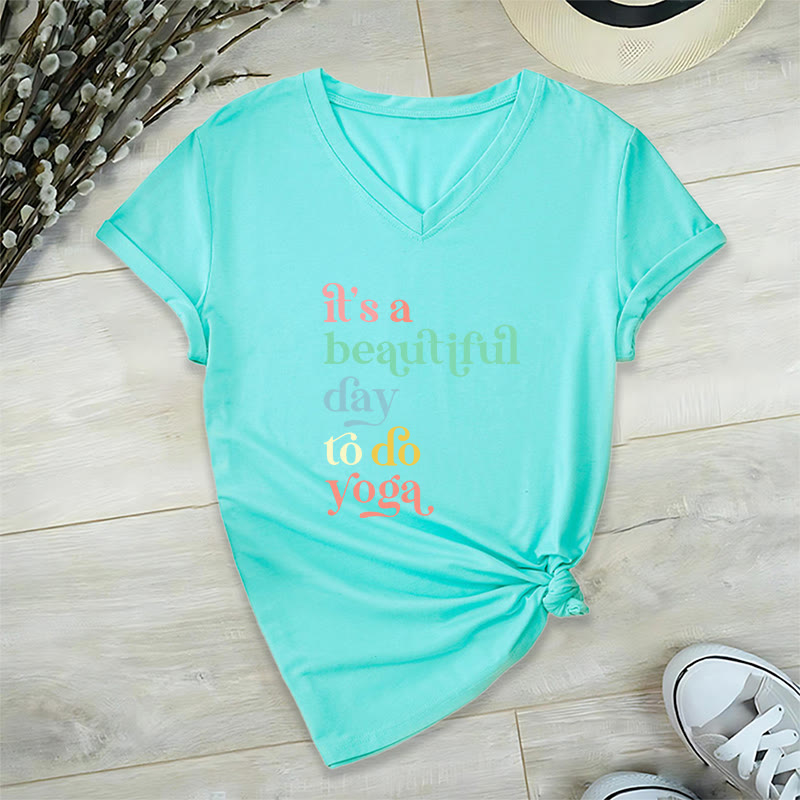 Olivenorma"it's a beautiful day to do yoga" V-Neck T-Shirt - Lake Blue - 2XL - image 13