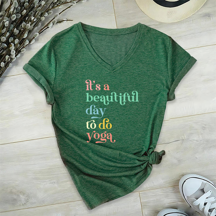 Olivenorma"it's a beautiful day to do yoga" V-Neck T-Shirt - Dark Green - 2XL - image 17