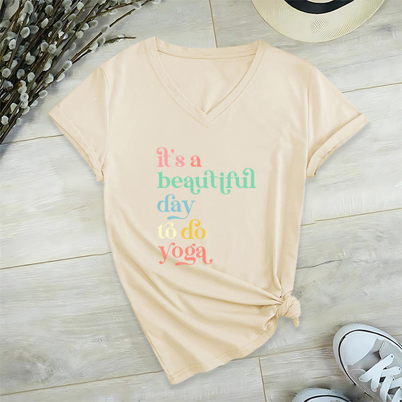 Olivenorma"it's a beautiful day to do yoga" V-Neck T-Shirt - Khaki - 2XL - image 15