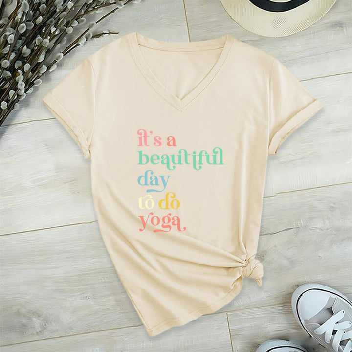 Olivenorma"it's a beautiful day to do yoga" V-Neck T-Shirt - Khaki - 2XL - image 15