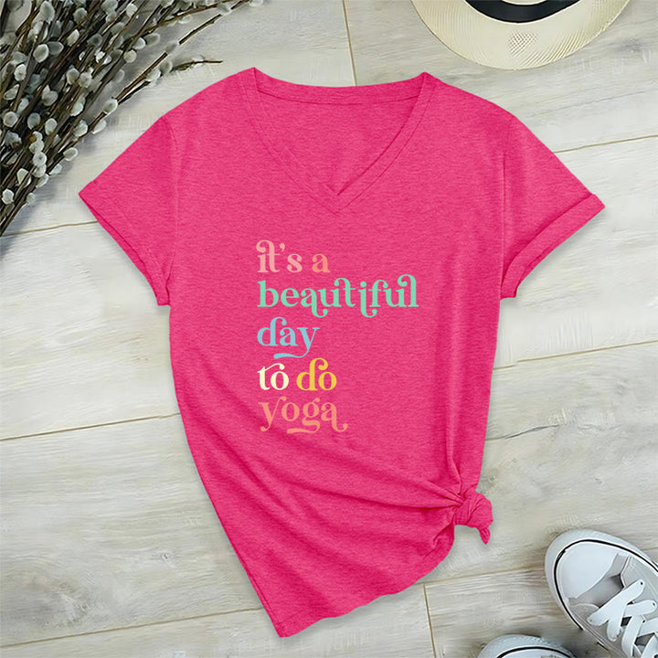 Olivenorma"it's a beautiful day to do yoga" V-Neck T-Shirt - Rose Red - 2XL - image 25