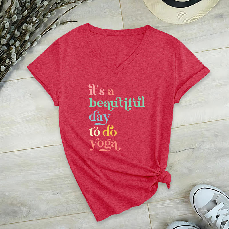 Olivenorma"it's a beautiful day to do yoga" V-Neck T-Shirt - Red - 2XL - image 21