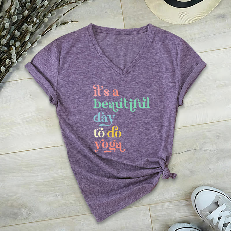 Olivenorma"it's a beautiful day to do yoga" V-Neck T-Shirt - Purple - 2XL - image 7
