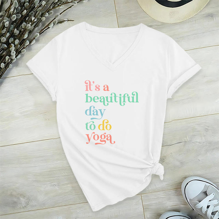 Olivenorma"it's a beautiful day to do yoga" V-Neck T-Shirt - White - 2XL - image 3