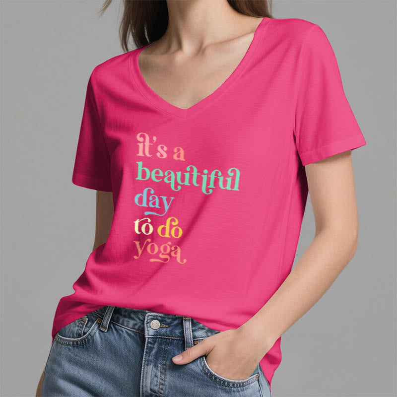 Olivenorma"it's a beautiful day to do yoga" V-Neck T-Shirt - image 26