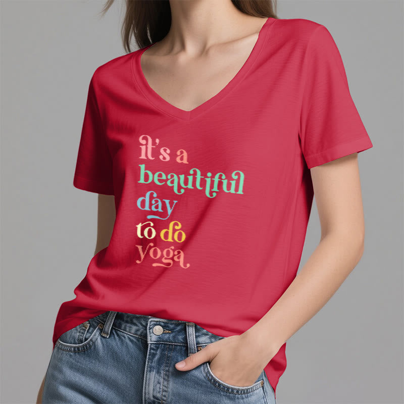 Olivenorma"it's a beautiful day to do yoga" V-Neck T-Shirt - image 22