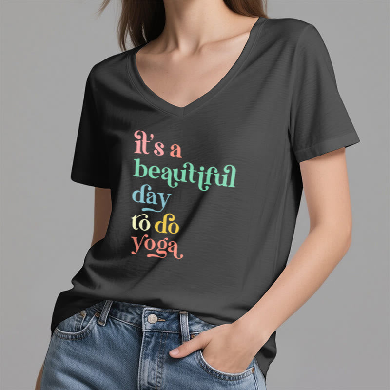 Olivenorma"it's a beautiful day to do yoga" V-Neck T-Shirt - image 1