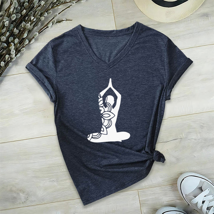 Olivenorma Yoga Pose Mindful Energy V-Neck Meditation T-Shirt - Navy Blue - 2XL - image 13