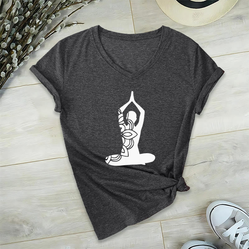 Olivenorma Yoga Pose Mindful Energy V-Neck Meditation T-Shirt - Gray - 2XL - image 7