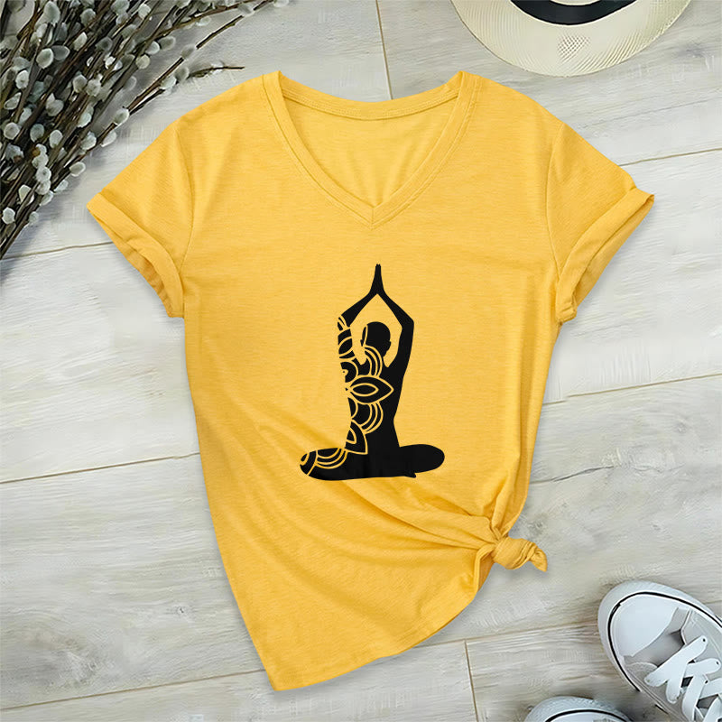 Olivenorma Yoga Pose Mindful Energy V-Neck Meditation T-Shirt - Yellow - 2XL - image 23