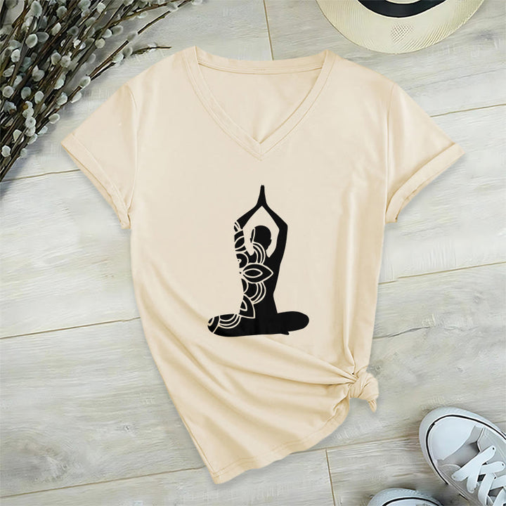 Olivenorma Yoga Pose Mindful Energy V-Neck Meditation T-Shirt - Khaki - 2XL - image 0