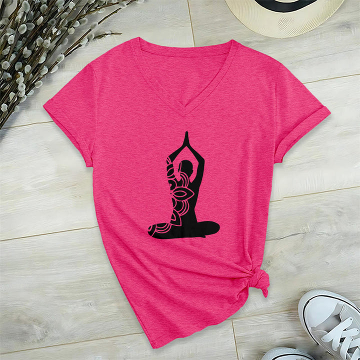 Olivenorma Yoga Pose Mindful Energy V-Neck Meditation T-Shirt - Rose Red - 2XL - image 25