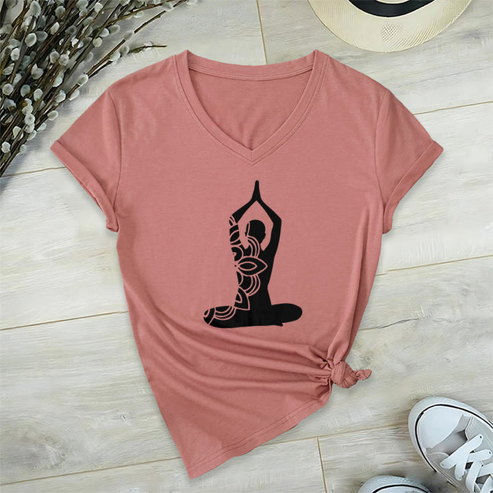 Olivenorma Yoga Pose Mindful Energy V-Neck Meditation T-Shirt - Pink - 2XL - image 11