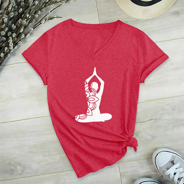 Olivenorma Yoga Pose Mindful Energy V-Neck Meditation T-Shirt - Red - 2XL - image 21