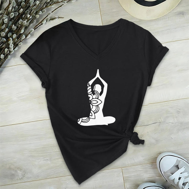 Olivenorma Yoga Pose Mindful Energy V-Neck Meditation T-Shirt - Black - 2XL - image 5