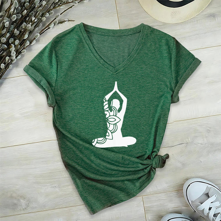 Olivenorma Yoga Pose Mindful Energy V-Neck Meditation T-Shirt - Dark Green - 2XL - image 17