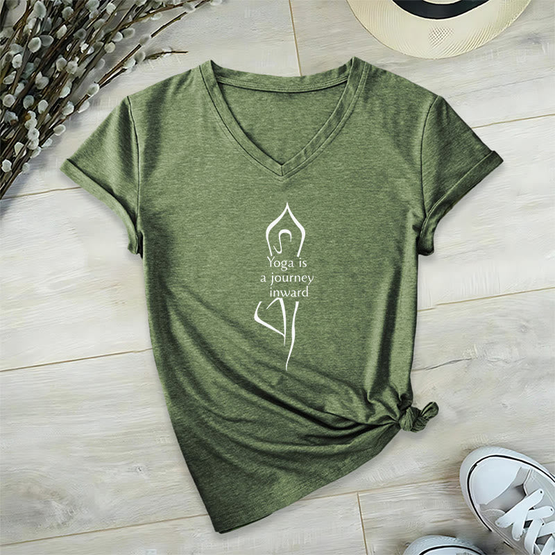 Olivenorma "Yoga is a journey inward" V-Neck Meditation T-Shirt - Olive Green - 2XL - image 19