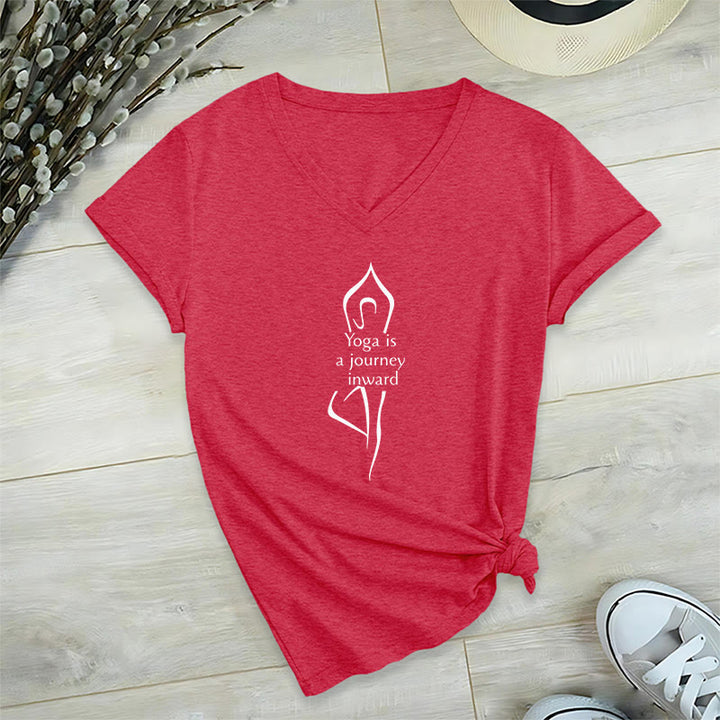 Olivenorma "Yoga is a journey inward" V-Neck Meditation T-Shirt - Red - 2XL - image 21