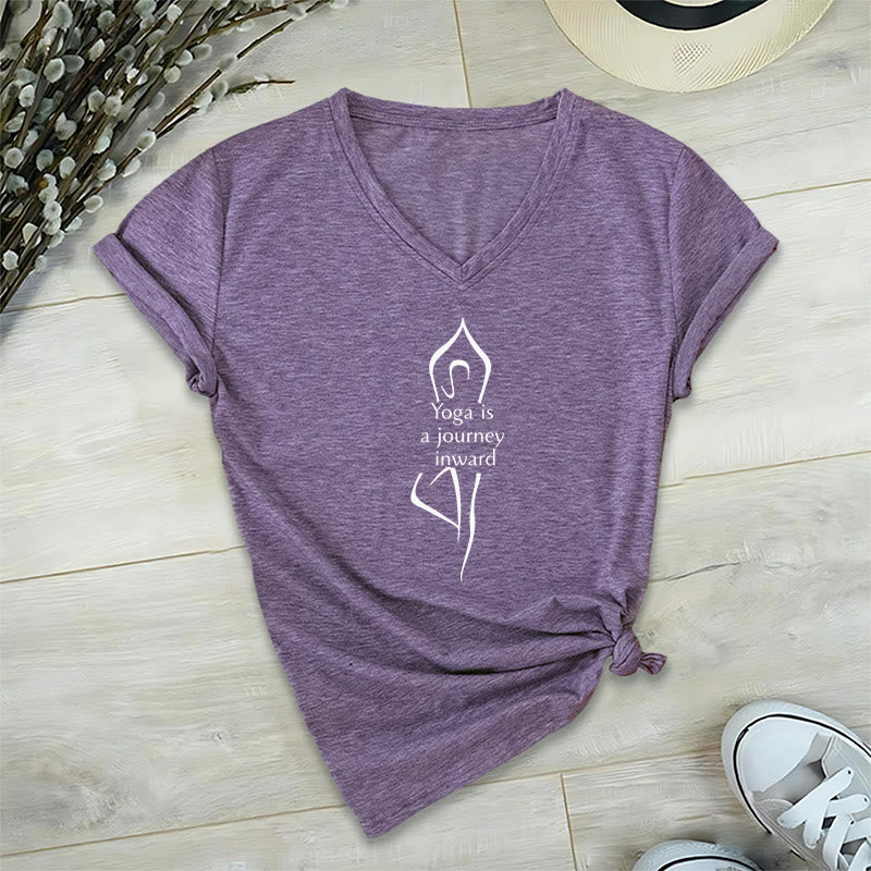 Olivenorma "Yoga is a journey inward" V-Neck Meditation T-Shirt - Purple - 2XL - image 9