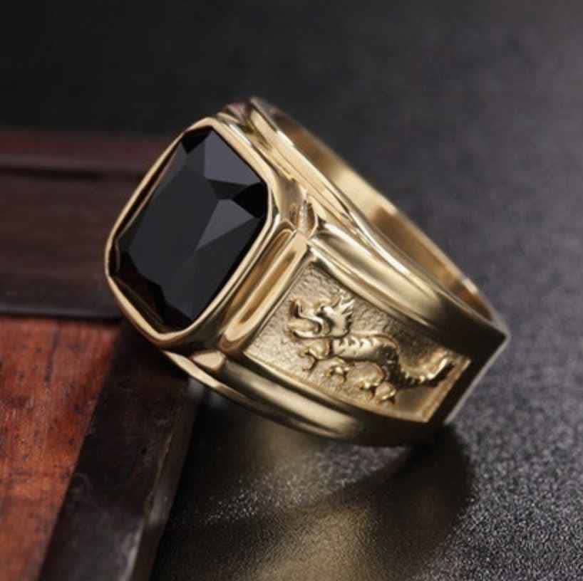 FREE Today: Men Dragon Pattern Diamond Vintage Contract Mosaic Ring - Obsidian Golden - US 13 - image 0