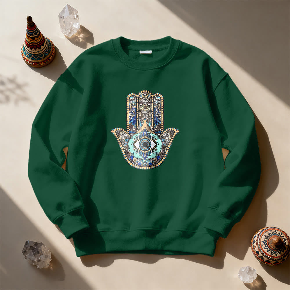 Olivenorma Chic Evil Eye Hamsa Hand Sweatshirt - Green - 2XL - image 0