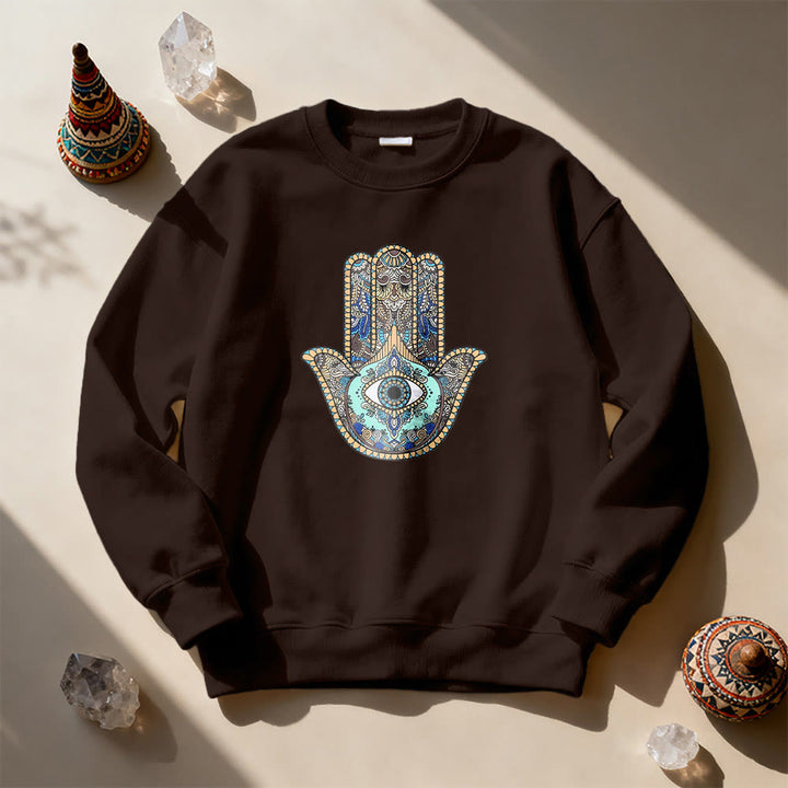 Olivenorma Chic Evil Eye Hamsa Hand Sweatshirt - Brown - 2XL - image 7