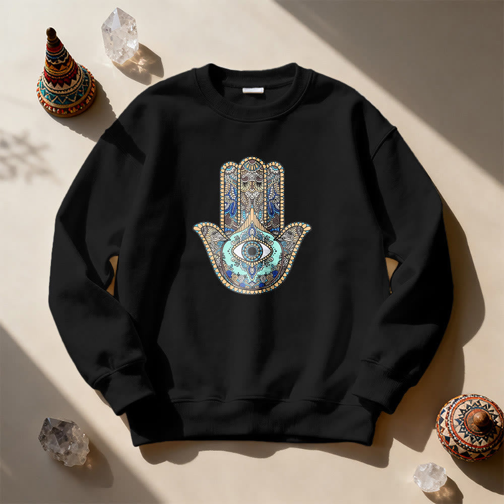 Olivenorma Chic Evil Eye Hamsa Hand Sweatshirt - Black - 2XL - image 5