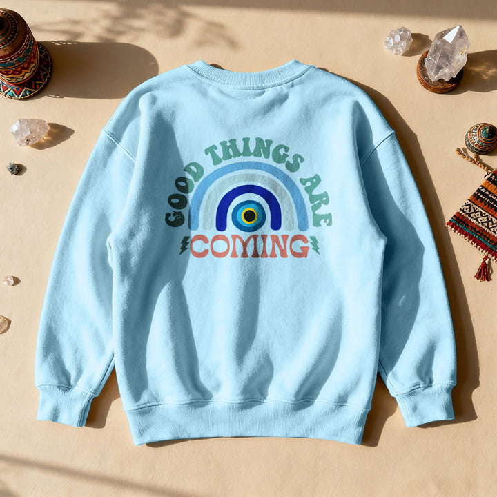 Olivenorma "Good Things Are Coming" Evil Eye Rainbow Sweatshirt - Blue - 2XL - image 6