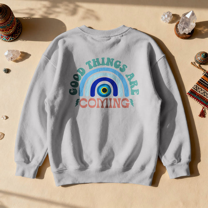 Olivenorma "Good Things Are Coming" Evil Eye Rainbow Sweatshirt - Grey - 2XL - image 4
