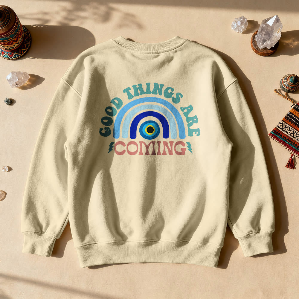 Olivenorma "Good Things Are Coming" Evil Eye Rainbow Sweatshirt - Khaki - 2XL - image 0