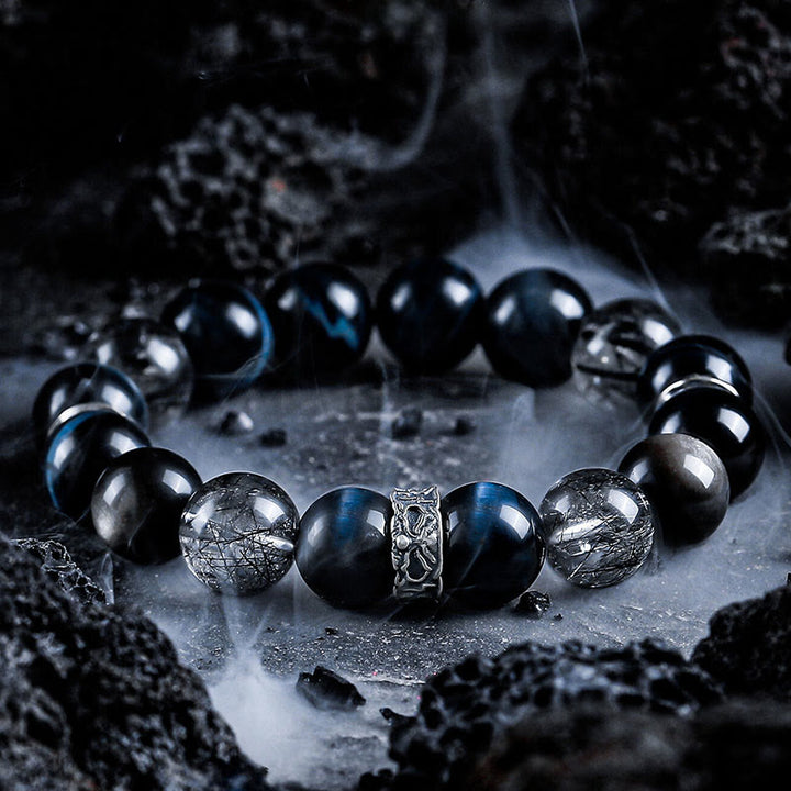 Olivenorma Blue Tiger Eye&Silver Obsidian Beaded Bracelet - 17cm - image 0