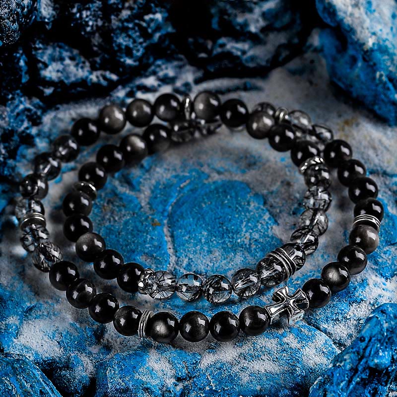 Olivenorma Cross Silver Obsidian&Black Quartz Rutilated Double Bracelet - image 1