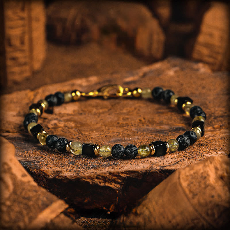 Olivenorma Gold Rutilated Quartz&Lava Stone Beaded Bracelet - Style 1 - 18cm - image 1