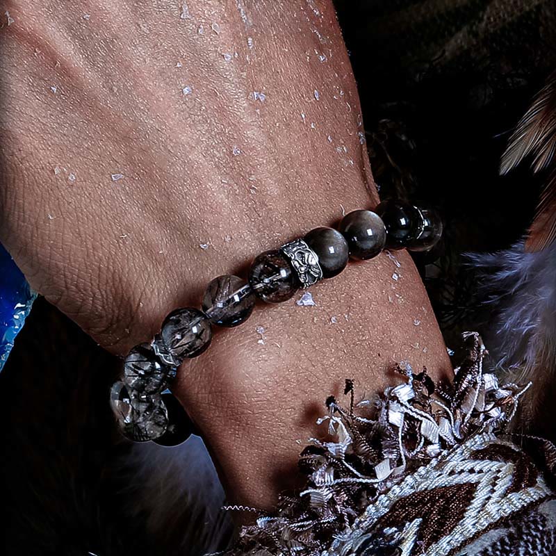 Olivenorma Black Quartz Rutilated&Silver Obsidian Beaded Bracelet - image 5