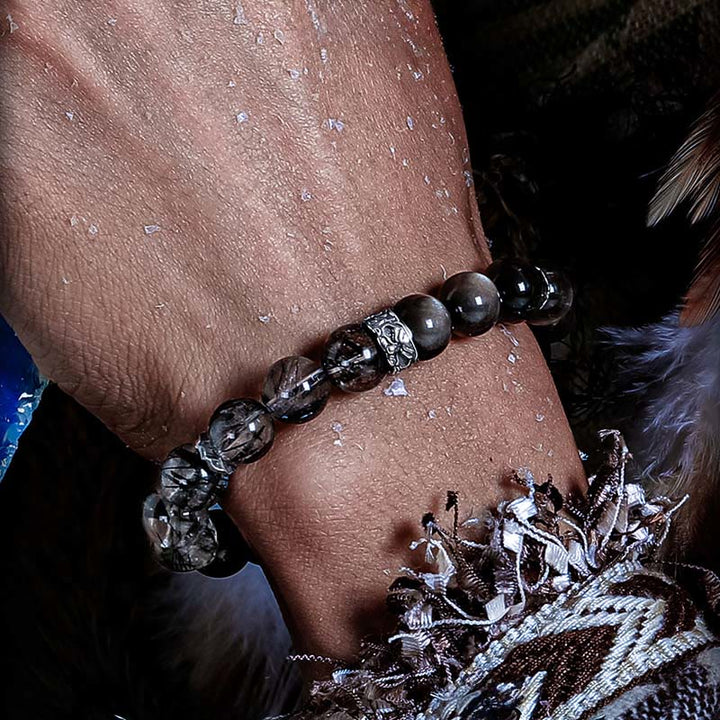 Olivenorma Black Quartz Rutilated&Silver Obsidian Beaded Bracelet - image 5