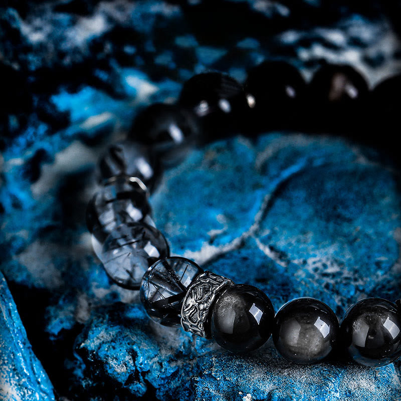 Olivenorma Black Quartz Rutilated&Silver Obsidian Beaded Bracelet - image 2
