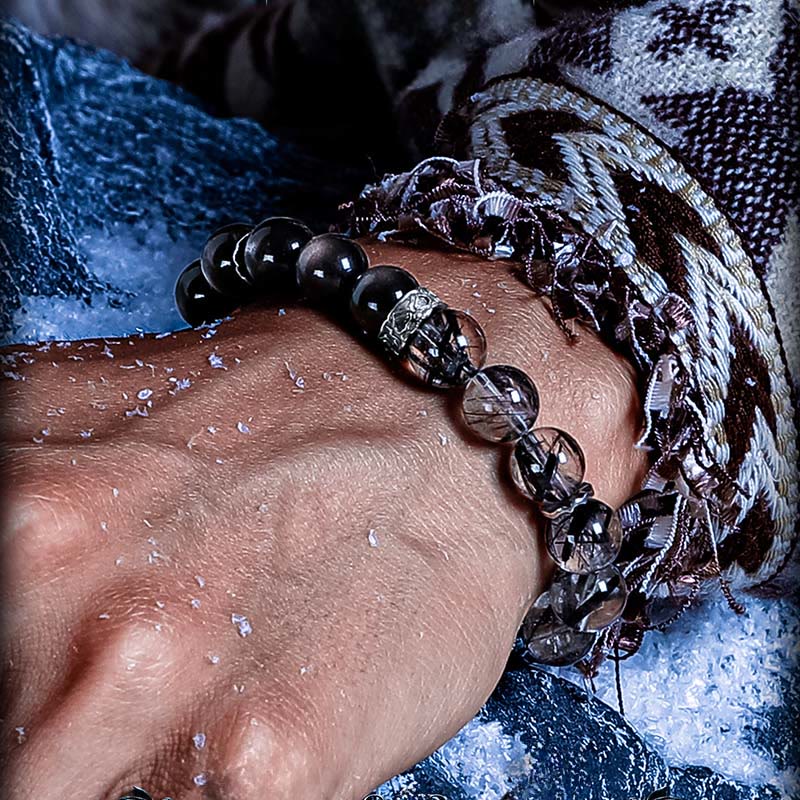 Olivenorma Black Quartz Rutilated&Silver Obsidian Beaded Bracelet - image 4