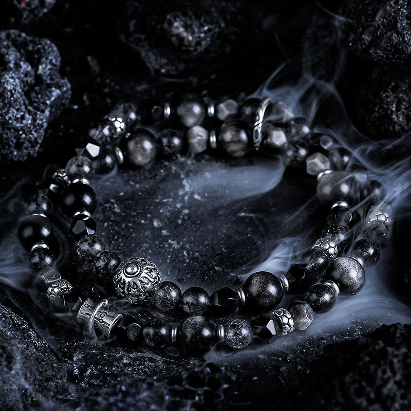 Olivenorma Black Quartz Rutilated&Silver Obsidian Double Wrap Bracelet - image 1
