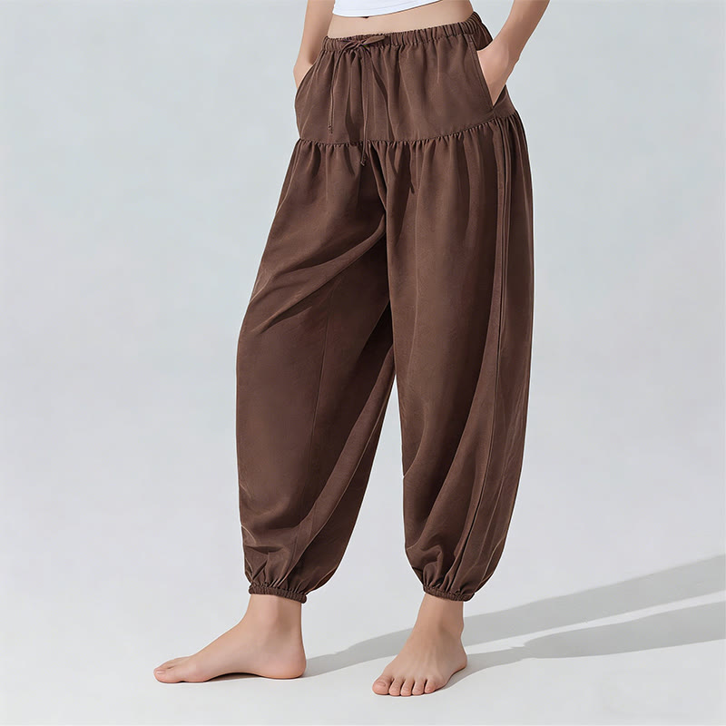 Olivenorma Plain Color Relaxed Fit Drawstring Yoga Pants - Brown - L - image 5