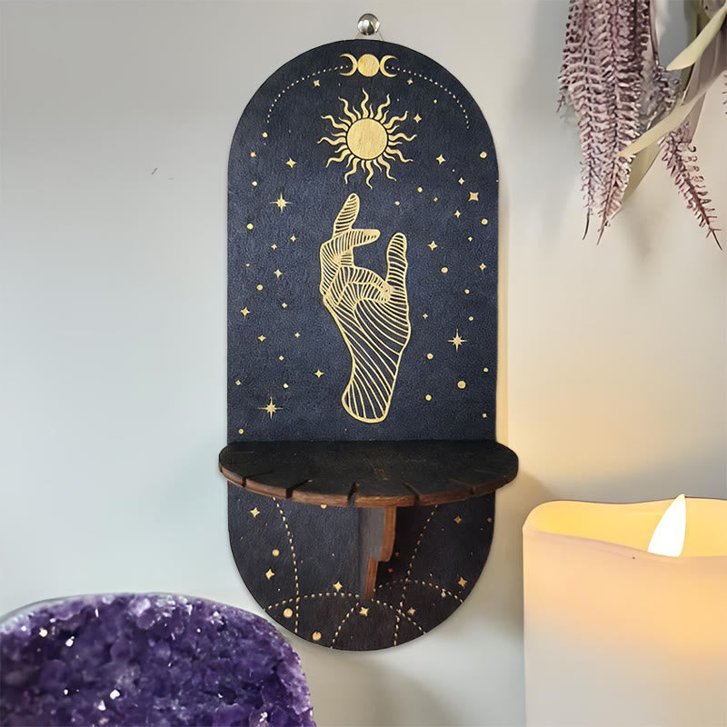 Olivenorma Wooden Boho Black oval-shaped Crystal Shelf - Sun & Lunar phases - image 9